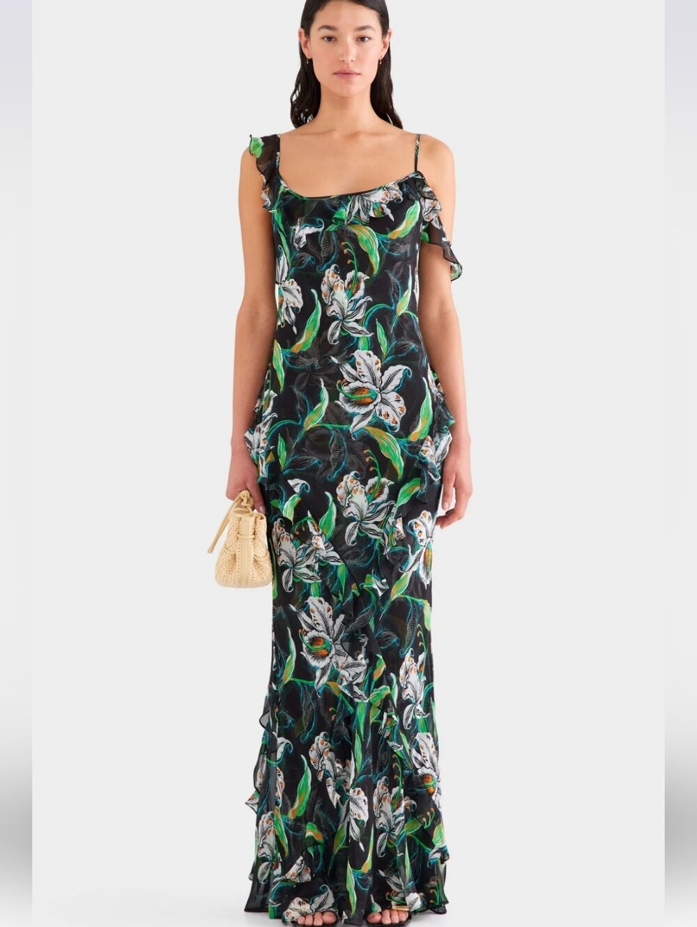NWT Venroy Asymmetric Low Back Silk Ruffle Dress. Size M